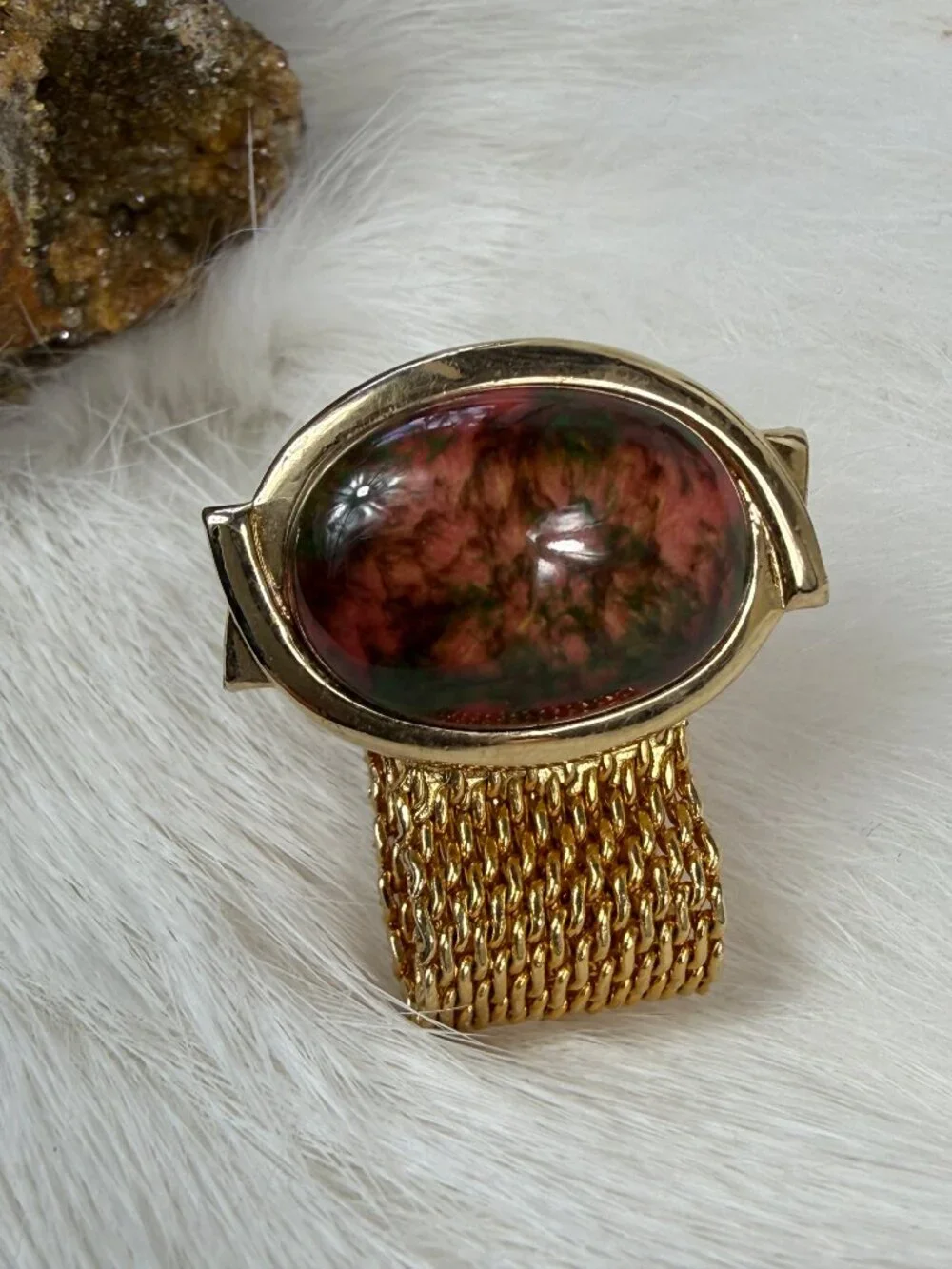 Vintage Unakite Stone Gold Tone Mesh Cuff Links Cufflinks MCM 1.25